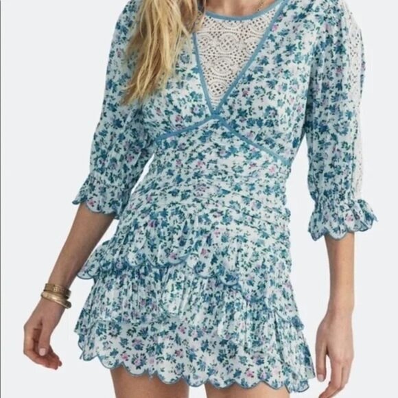 NWT LoveShackFancy Marquise Floral Mini Dress Size 6 Blue - Picture 1 of 4